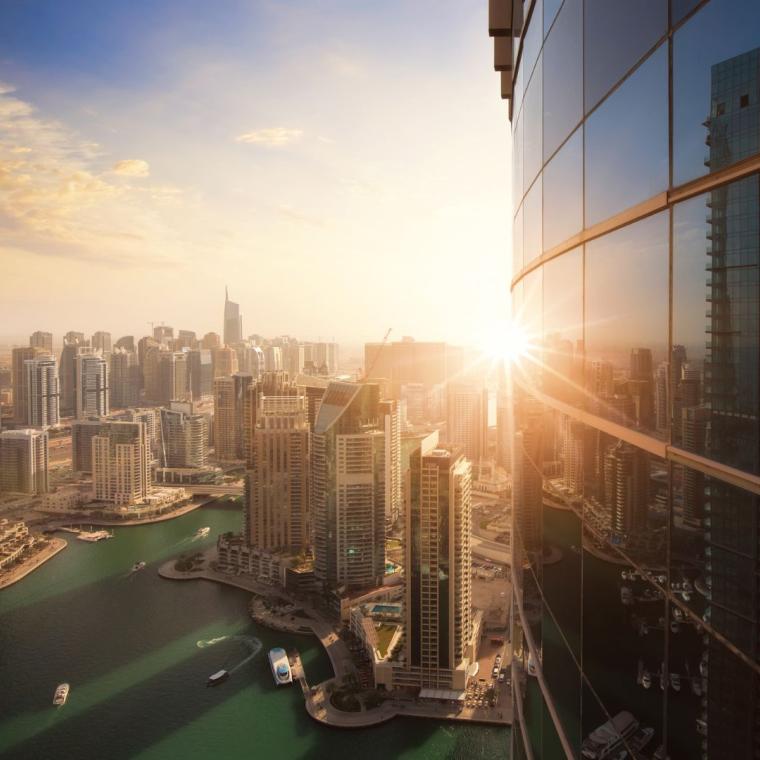 The skyline of Dubai Marina at sunset