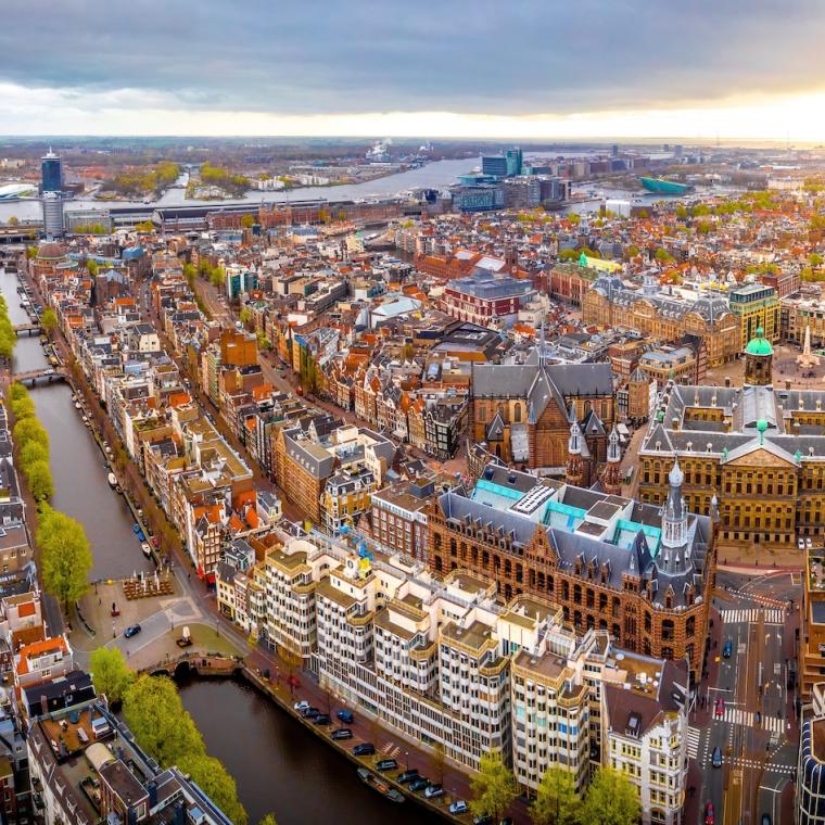 Aerial view of the central Amsterdam in the early spring, Netherlands