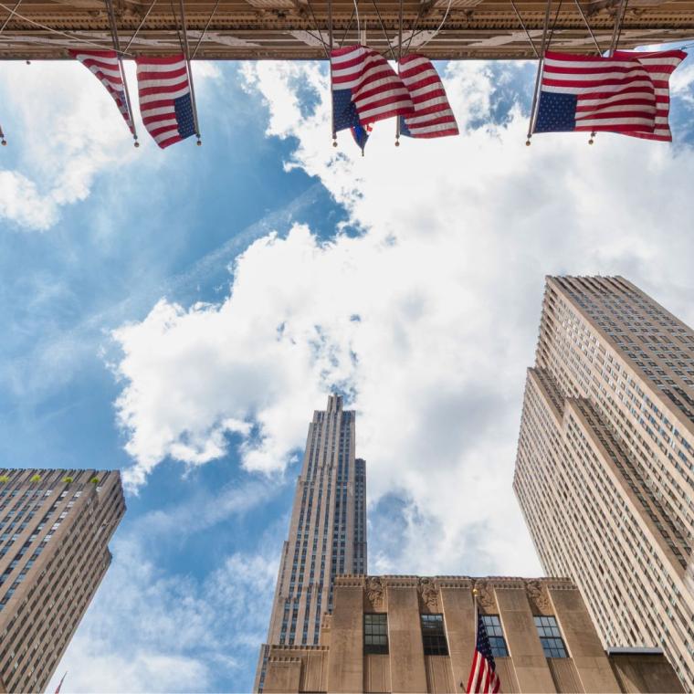 North American architecture with flags