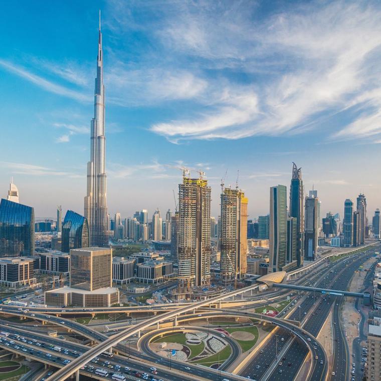 Dubai skyline with beautiful city close to it's busiest highway on traffic