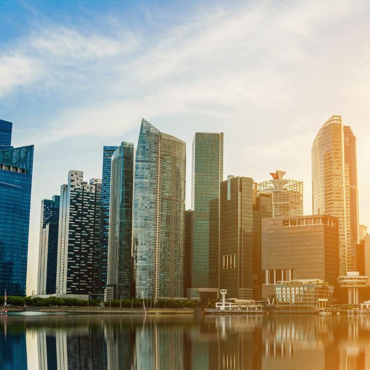 Singapore city skyline of business district downtown at sunset
