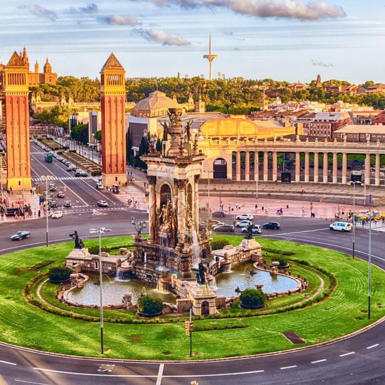 Aerial view of Placa d'Espanya, landmark in Barcelona, Catalonia, Spain