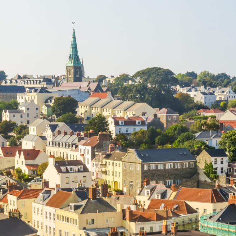 View of the Saint Peter Port at sunset. Bailiwick of Guernsey, Channel Islands