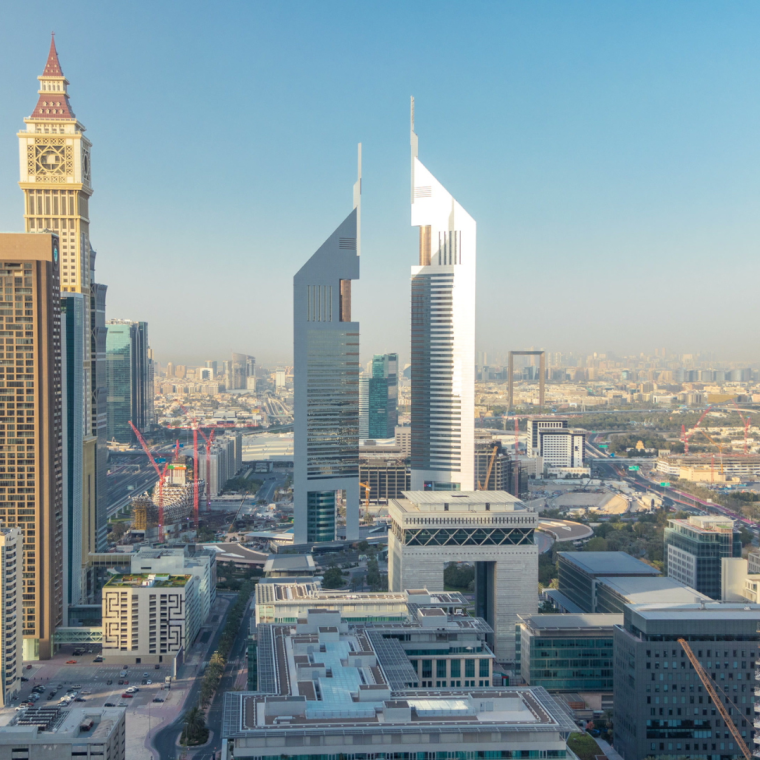 Skyline view of the buildings of Sheikh Zayed Road and DIFC timelapse in Dubai, UAE.