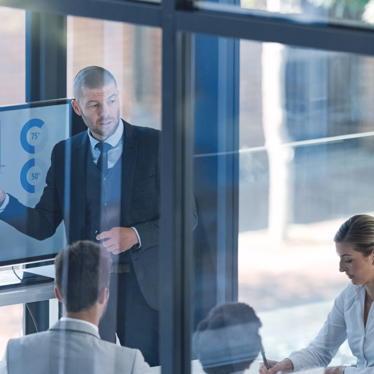 Business meeting, people and budget review with screen for revenue charts and statistics for profit data analysis. Speaker, CFO and teamwork for accounting with fintech for results, graphs and audit 