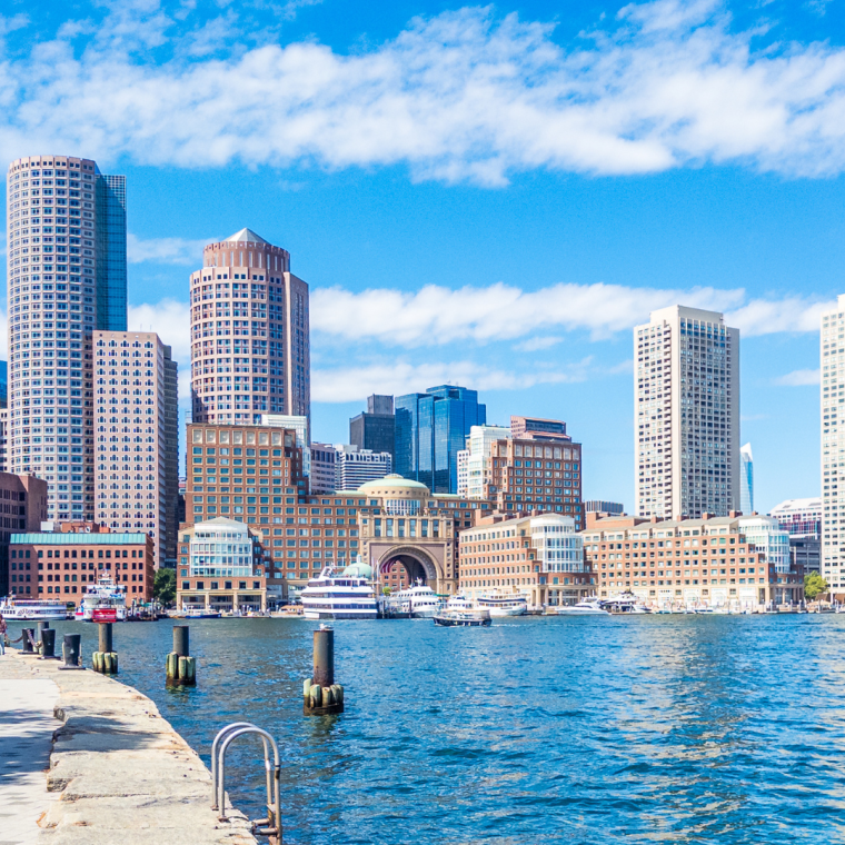 View of Boston downtown from Fan Pier Park in Seaport district