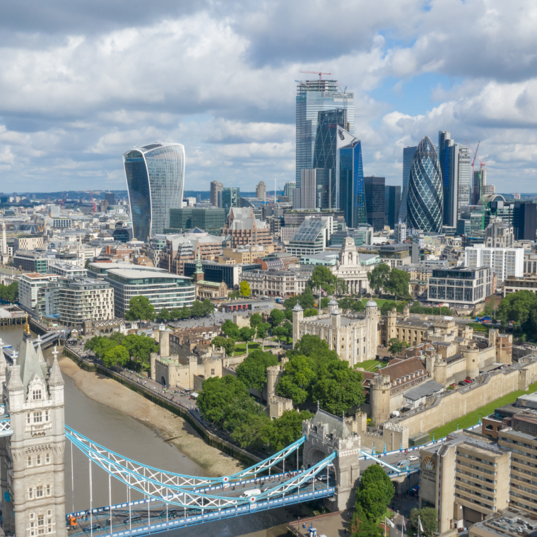 London Skyline via Tower Bridge, Tower of London and famous finance district