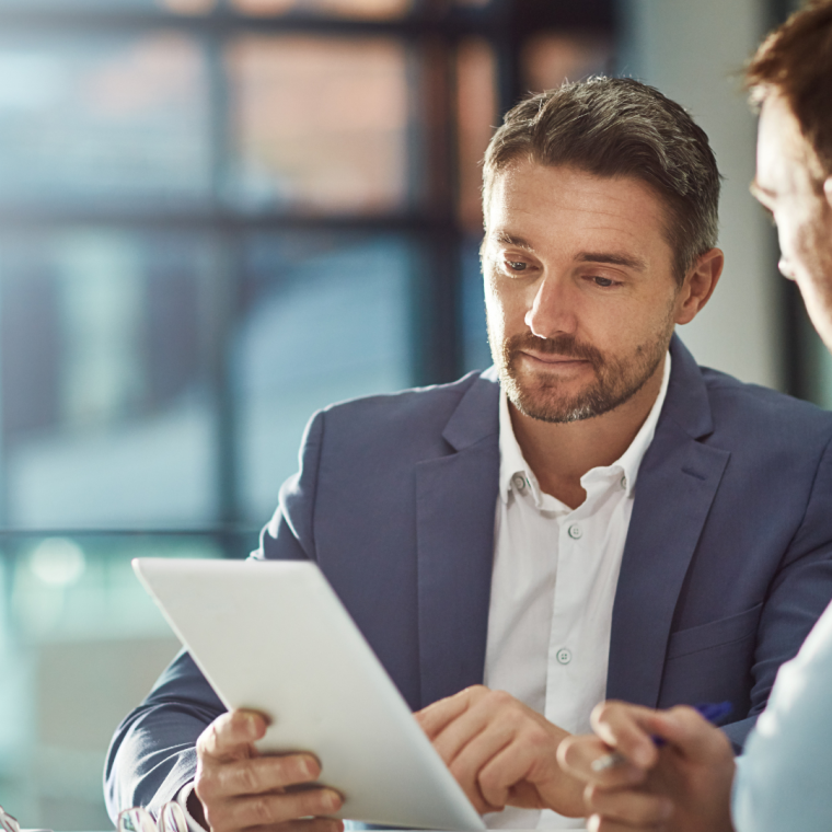 Teamwork meeting, tablet and business people in office workplace. Collaboration, technology and workers, men or employees with touchscreen planning sales, research or financial strategy in company