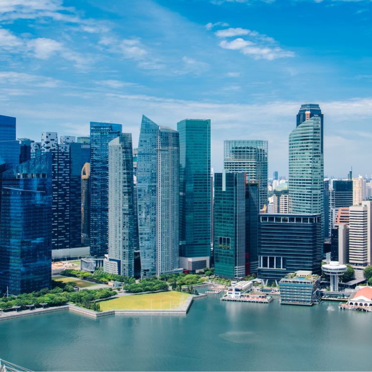 Singapore city skyline landscape at day blue sky. Business downtown district and Marina Bay view. Urban skyscrapers cityscape 