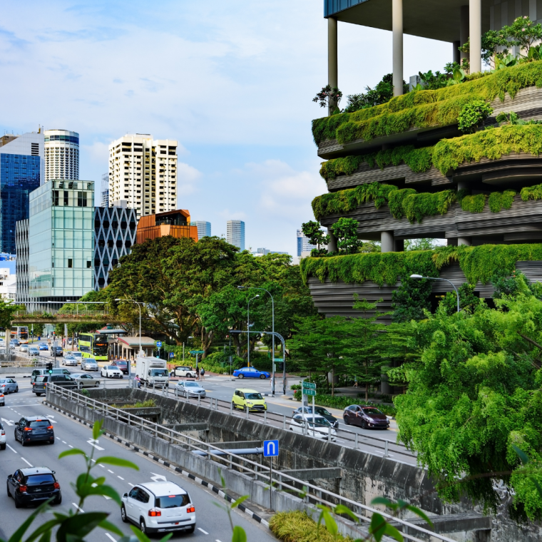 Urban life in Singapore: skyscrapers and tropical plants under deep blue sky