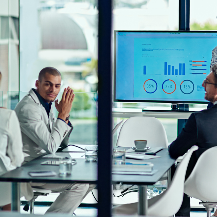 Speaker, screen and meeting with business woman in office for planning, stakeholder pitch or review. Investor profit chart, discussion and presentation with employee in agency for project analysis