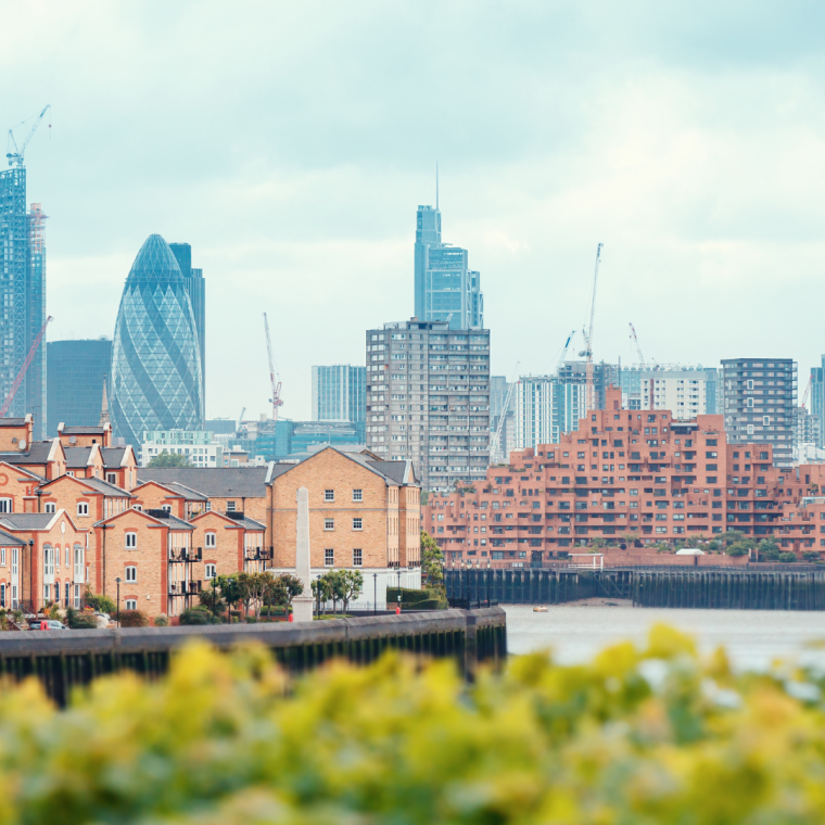 View of London Docklands with the Thames River, downtown, cucumber and city center 