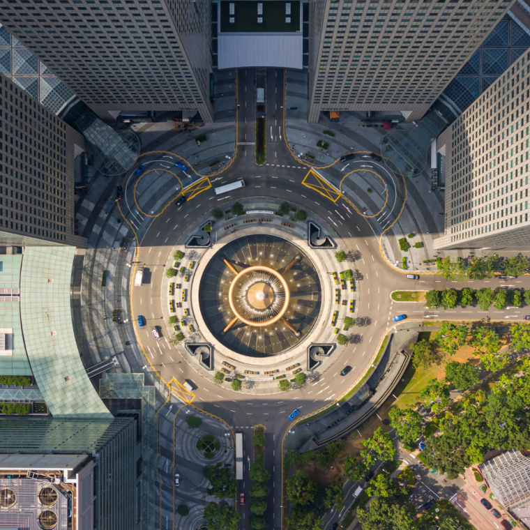 Top view of the Singapore landmark financial business district with skyscraper. Fountain of Wealth at Suntec city in Singapore 