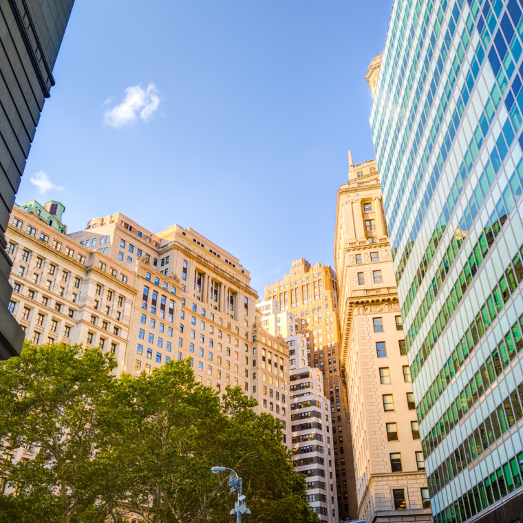 Up view in financial district, Manhattan, New York