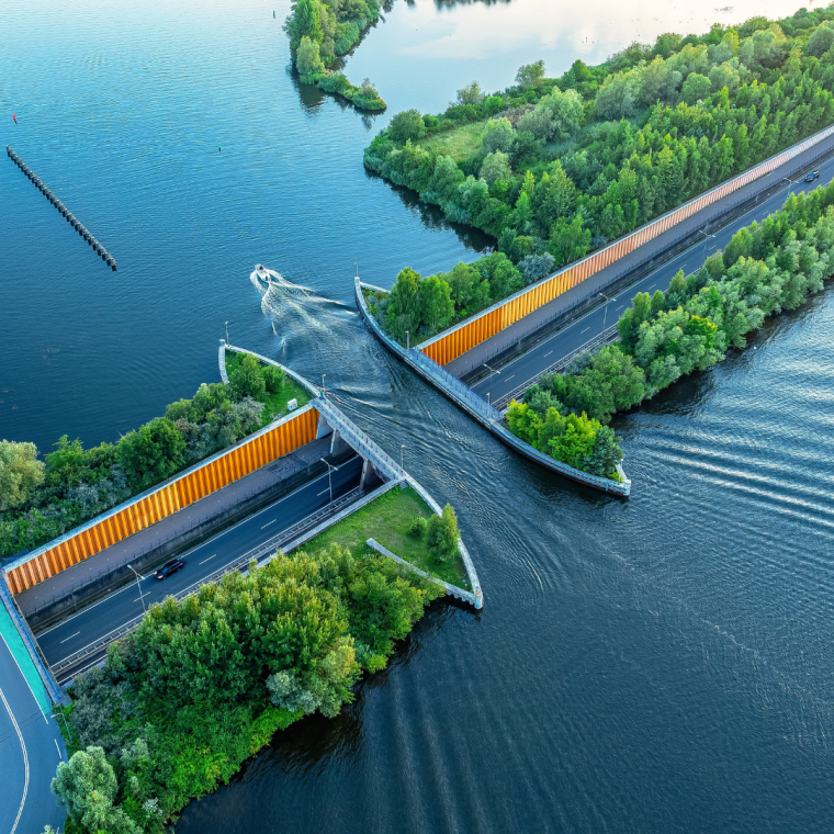 Weluwemeer aqueduct, where water and road traffic pass over or under each other. Netherlands. Top view