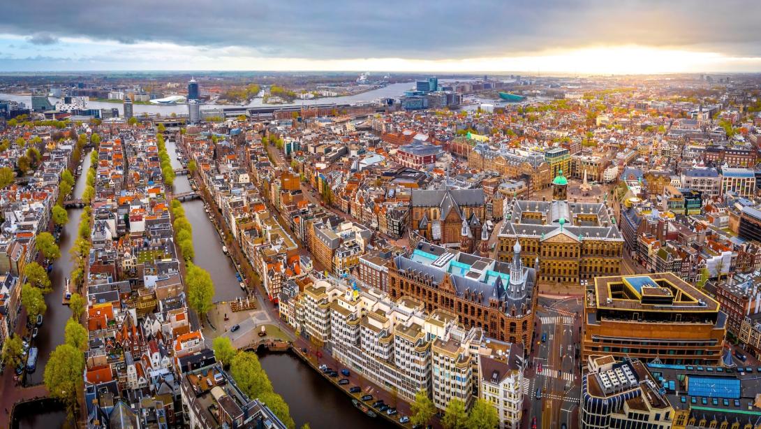 Aerial view of the central Amsterdam in the early spring, Netherlands