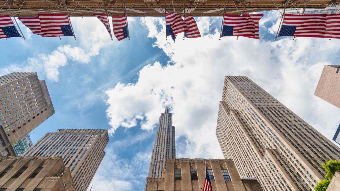 North American architecture with flags