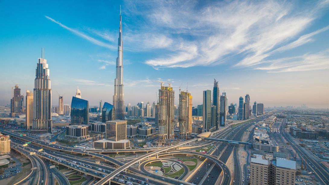 Dubai skyline with beautiful city close to it's busiest highway on traffic