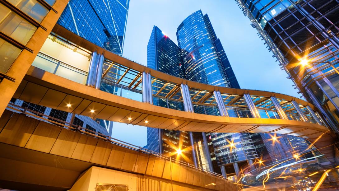 Office buildings in central Hong Kong at night.