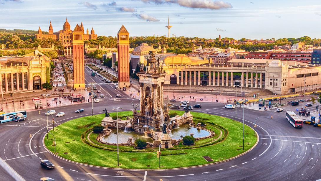 Aerial view of Placa d'Espanya, landmark in Barcelona, Catalonia, Spain