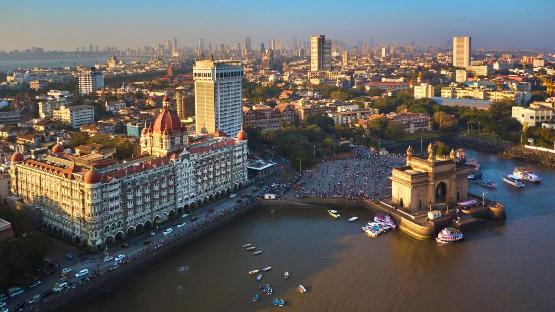 Mumbai ocean line and gate of India, aerial drone view