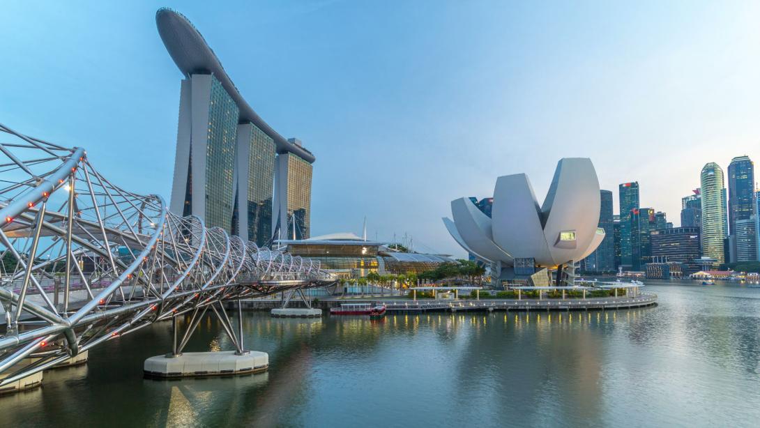 View of The Helix Bridge in Singapore day to night timelapse