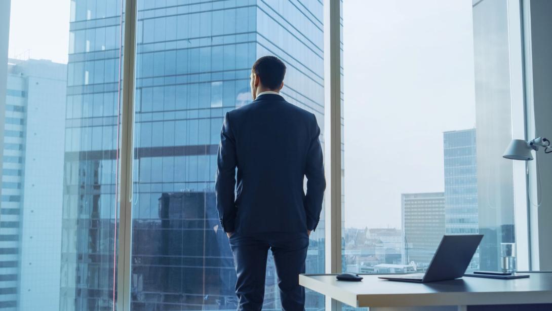 Business executive looking over a city skyline