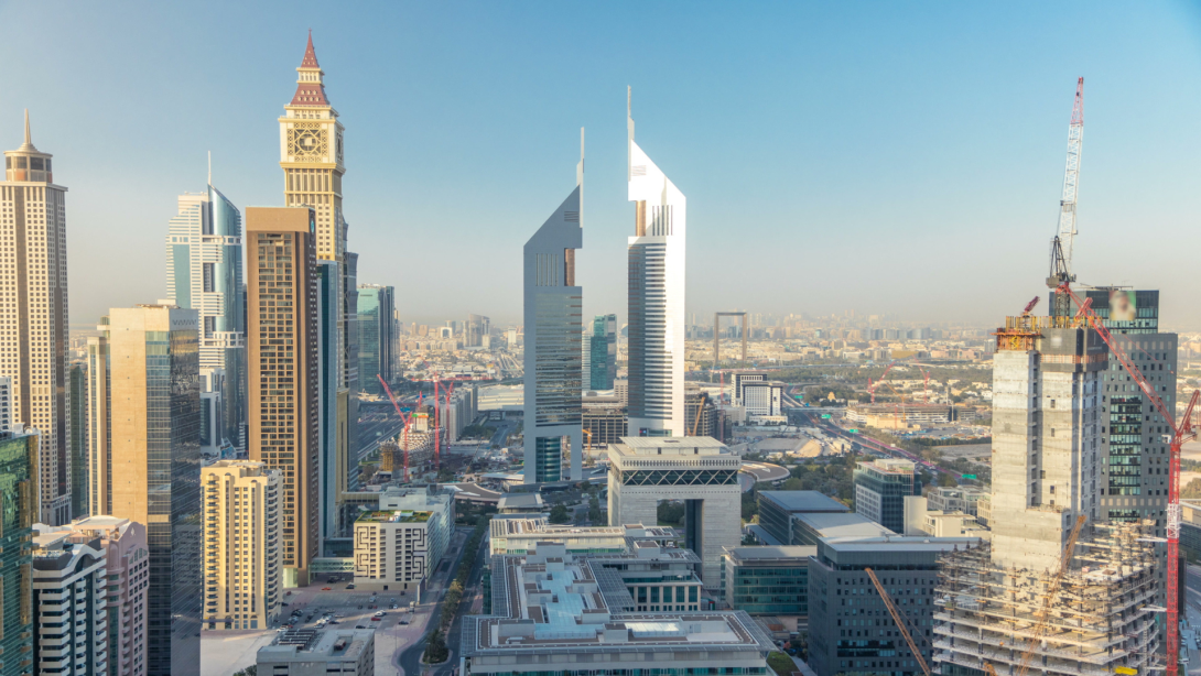 Skyline view of the buildings of Sheikh Zayed Road and DIFC timelapse in Dubai, UAE.