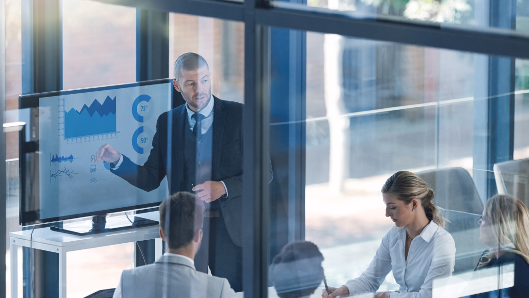 Business meeting, people and budget review with screen for revenue charts and statistics for profit data analysis. Speaker, CFO and teamwork for accounting with fintech for results, graphs and audit 