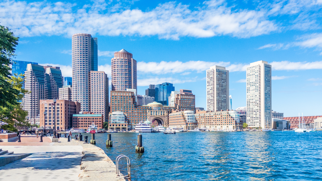 View of Boston downtown from Fan Pier Park in Seaport district