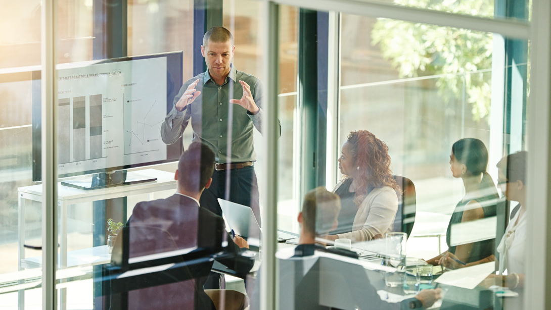 Business people, tech or advice in boardroom for training, productivity report or feedback chart on screen. Speaker, team or corporate presentation in office for company growth with brand management