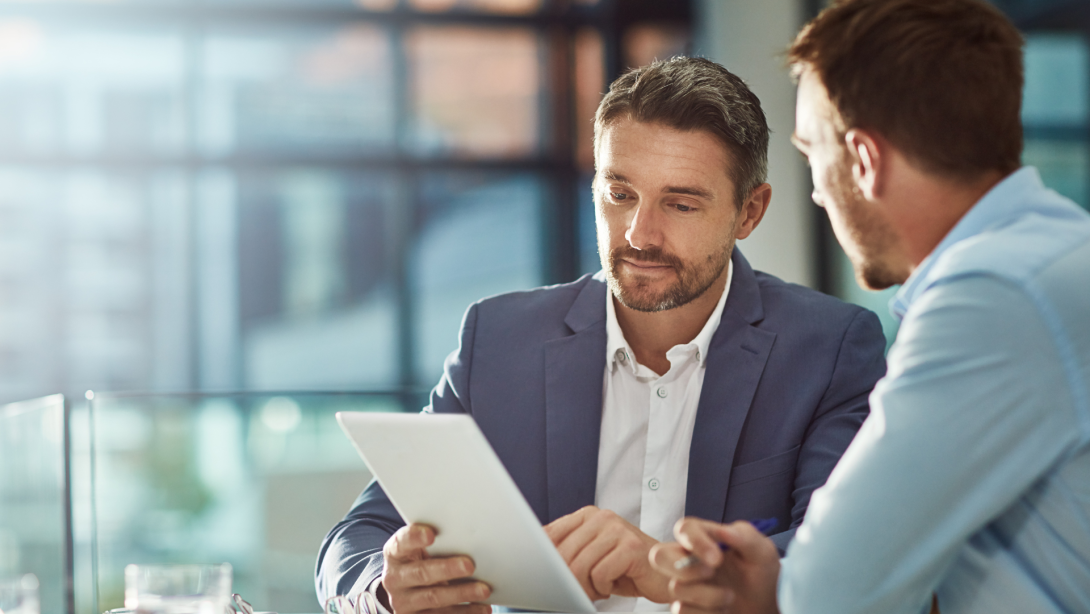 Teamwork meeting, tablet and business people in office workplace. Collaboration, technology and workers, men or employees with touchscreen planning sales, research or financial strategy in company