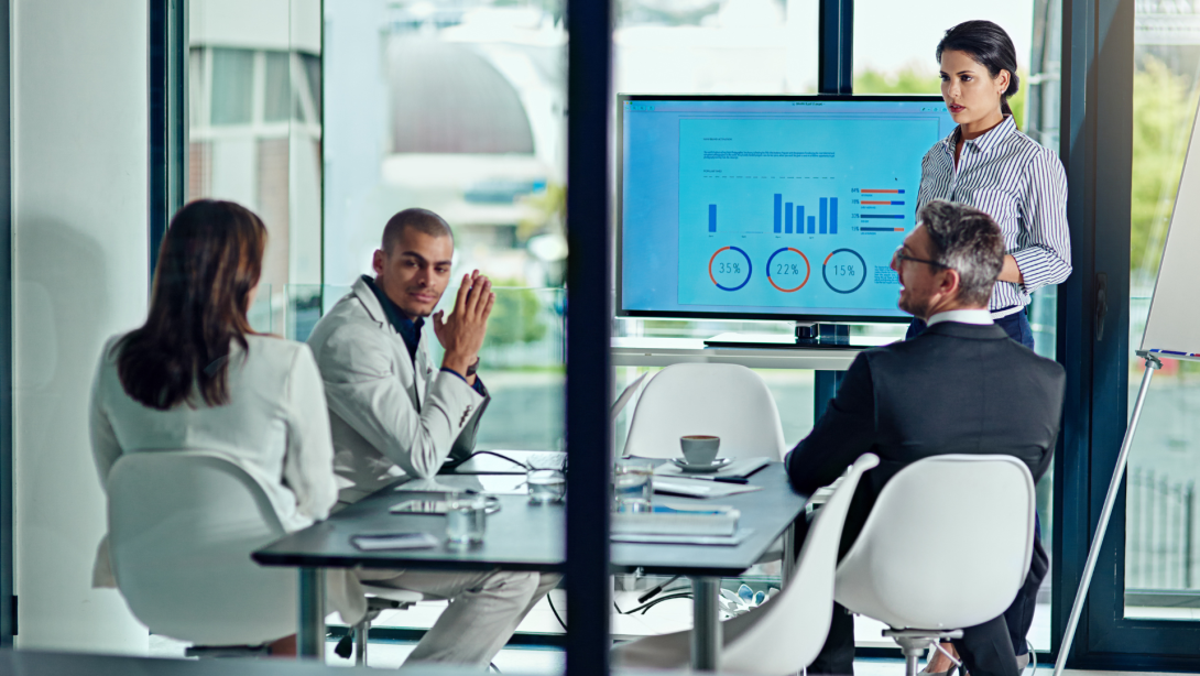Speaker, screen and meeting with business woman in office for planning, stakeholder pitch or review. Investor profit chart, discussion and presentation with employee in agency for project analysis