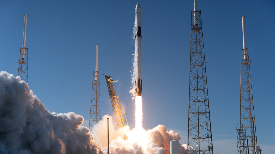 Rocket launch liftoff close up on launchpad 