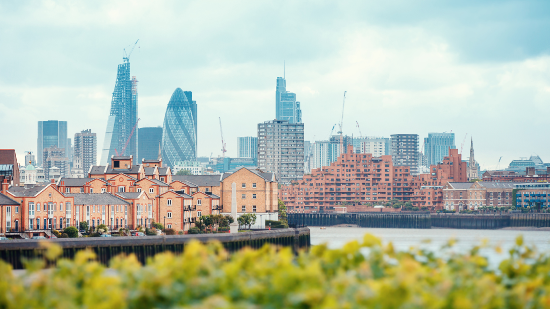 View of London Docklands with the Thames River, downtown, cucumber and city center 