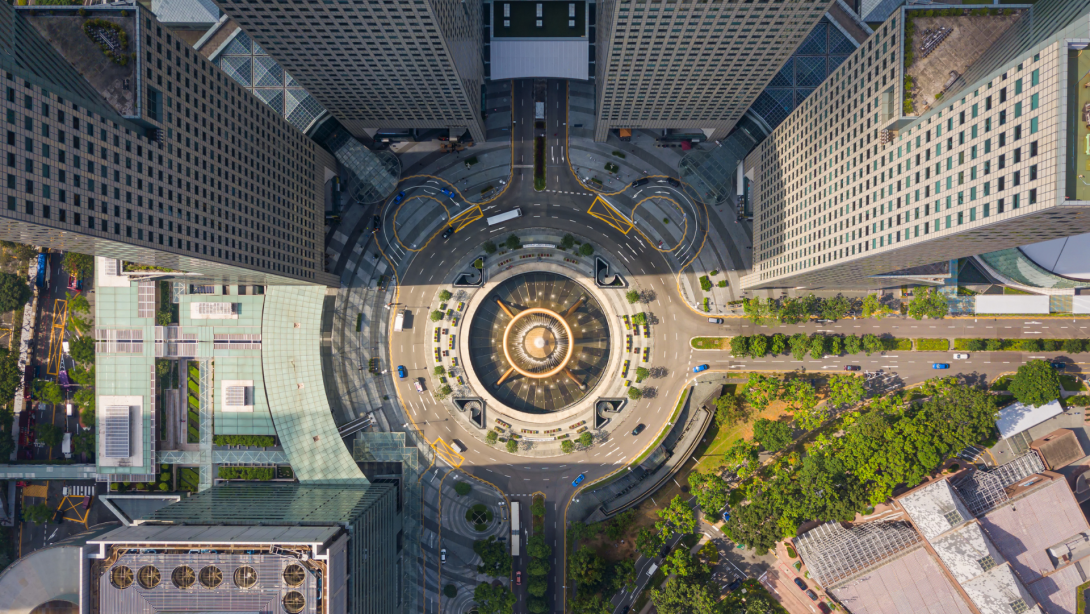 Top view of the Singapore landmark financial business district with skyscraper. Fountain of Wealth at Suntec city in Singapore 