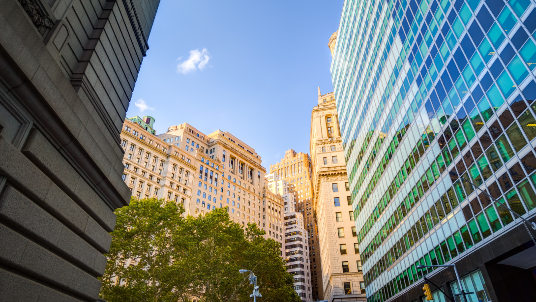 Up view in financial district, Manhattan, New York