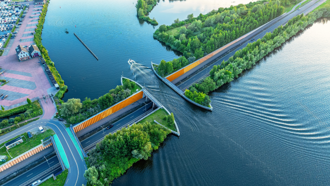 Weluwemeer aqueduct, where water and road traffic pass over or under each other. Netherlands. Top view